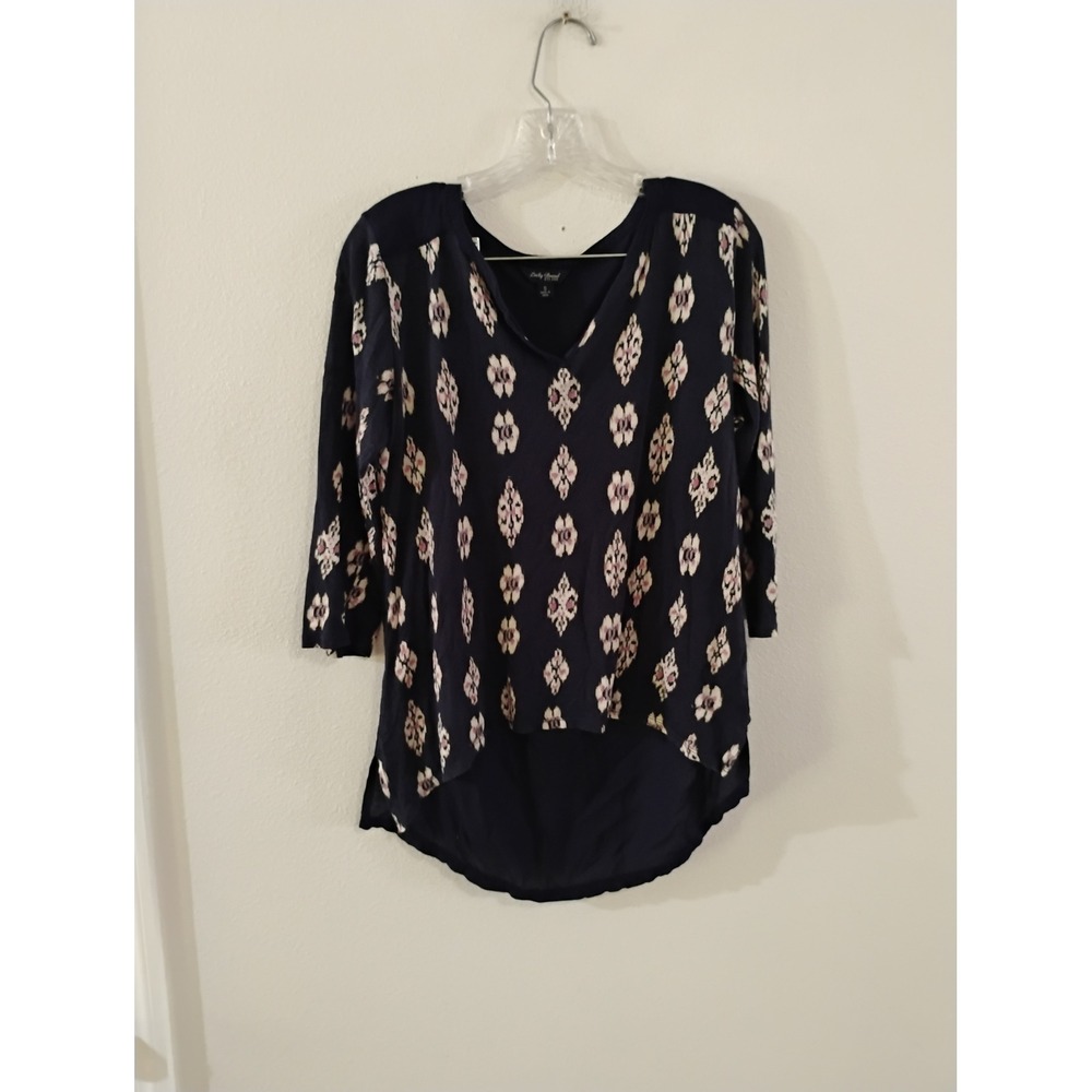 Lucky Brand Navy Blue Ikat Medallion Print High Low Blouse Small